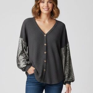Truself Women’s Waffle Knit Button Down Top with Snakeskin Sleeves